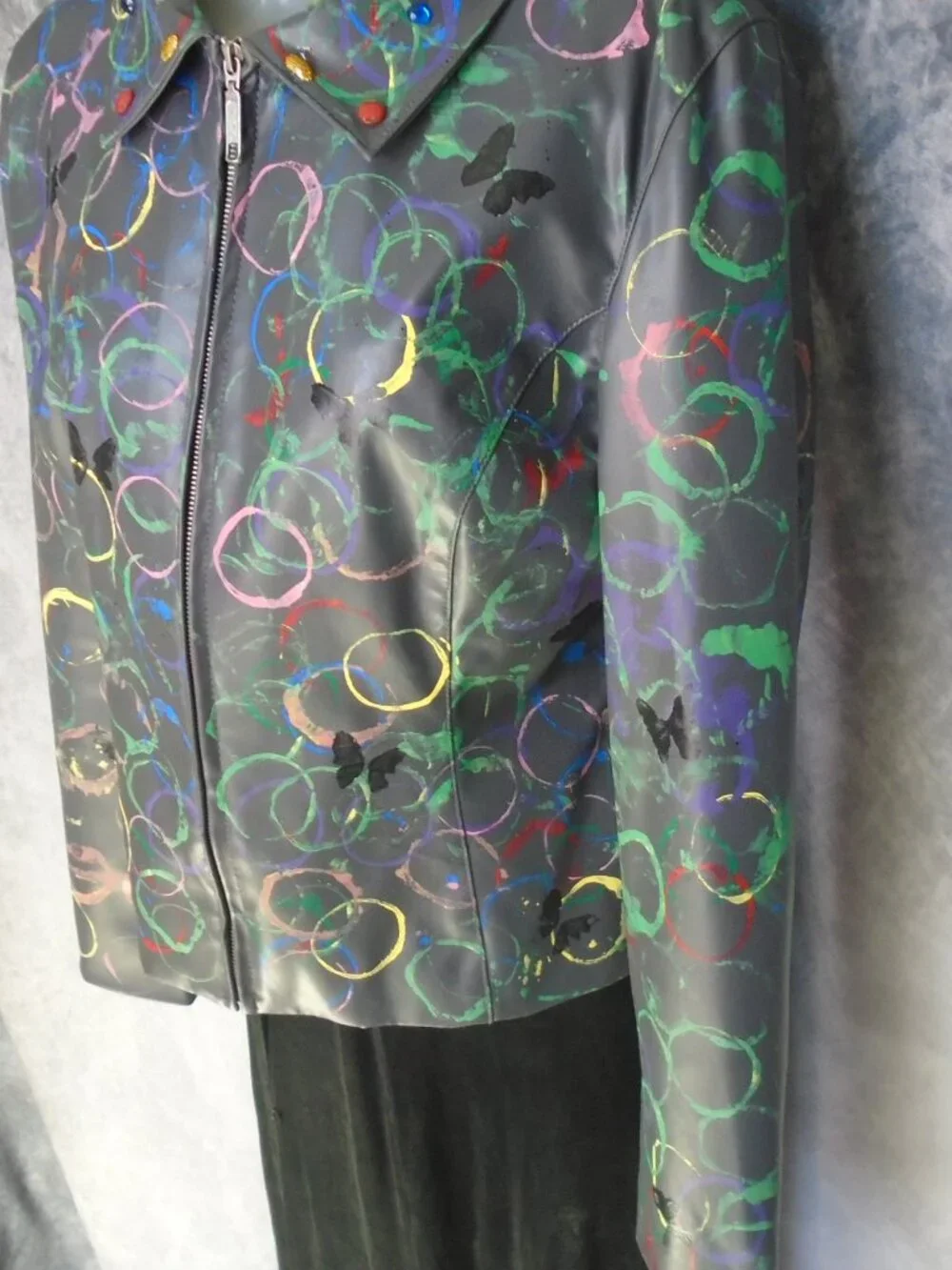 Vegan Leather Jacket with Eclectic Multicolor  Art Hobo Chic Edgy OOAK Unique - Picture 7 of 13